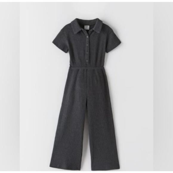 Zara Girls Gray Ribbed Knit Button Front Short Sleeve Jumpsuit 10 - Picture 1 of 6
